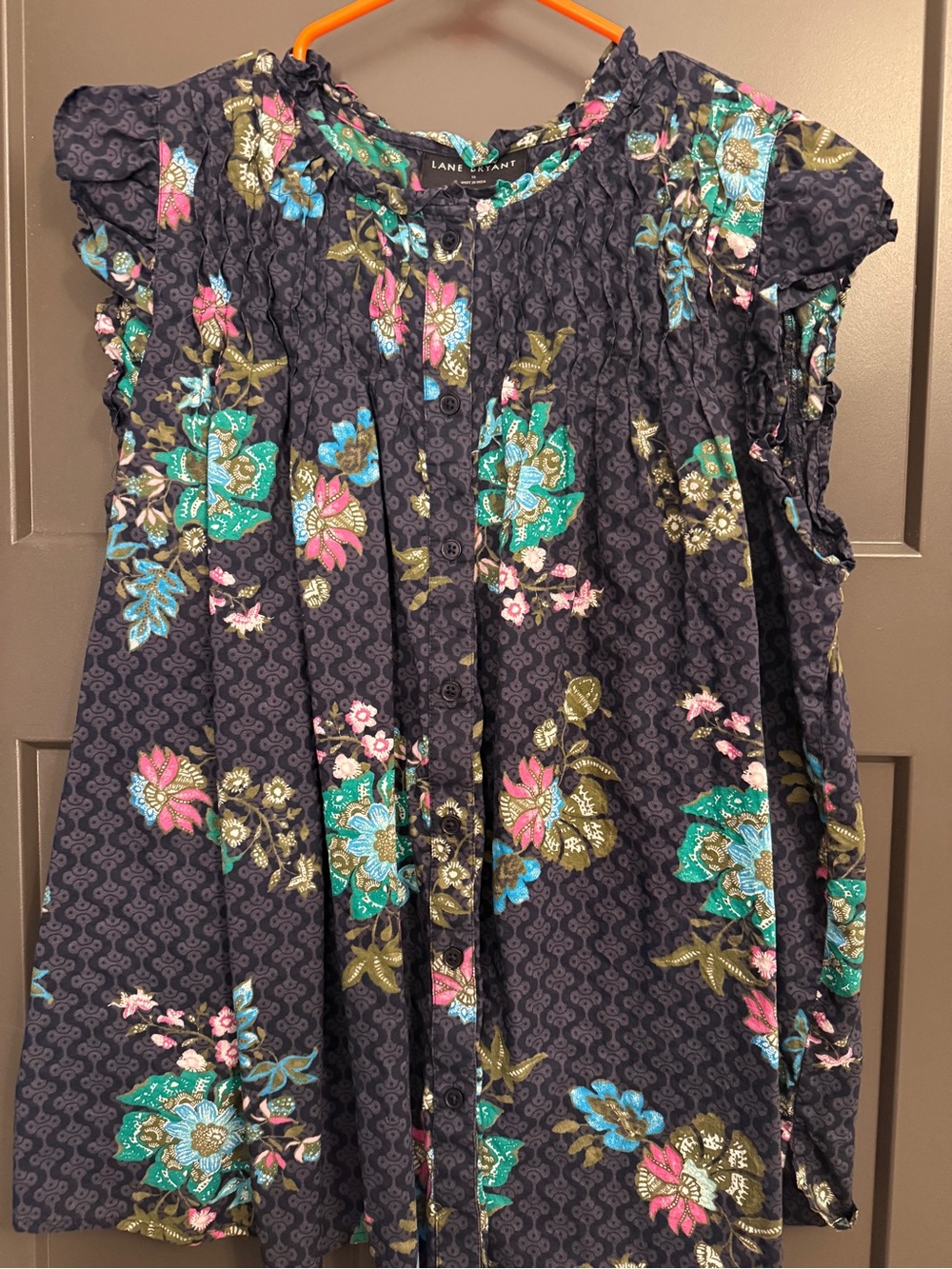 Lane Bryant Navy Floral Smocked Button-Front Top